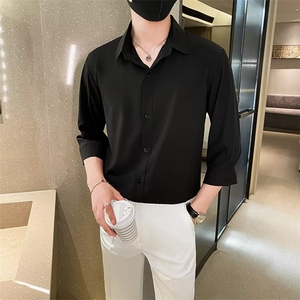 2024夏季衬衫男薄款修身冰丝短袖青年纯色春秋七分袖衬衣男 Y50图片
