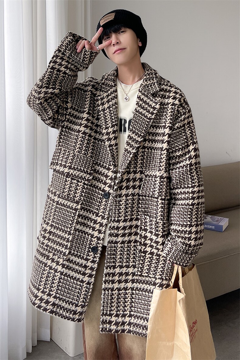 秋冬季中长款千鸟格呢料风衣男潮流宽松西装领外套A071-F05-P120，男装风衣，电商A071
