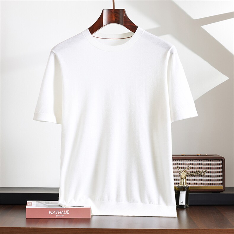 2025夏季圆领针织衫短袖男士薄款精纺羊毛打底高端宽松半袖，男装T恤，绒之心羊绒