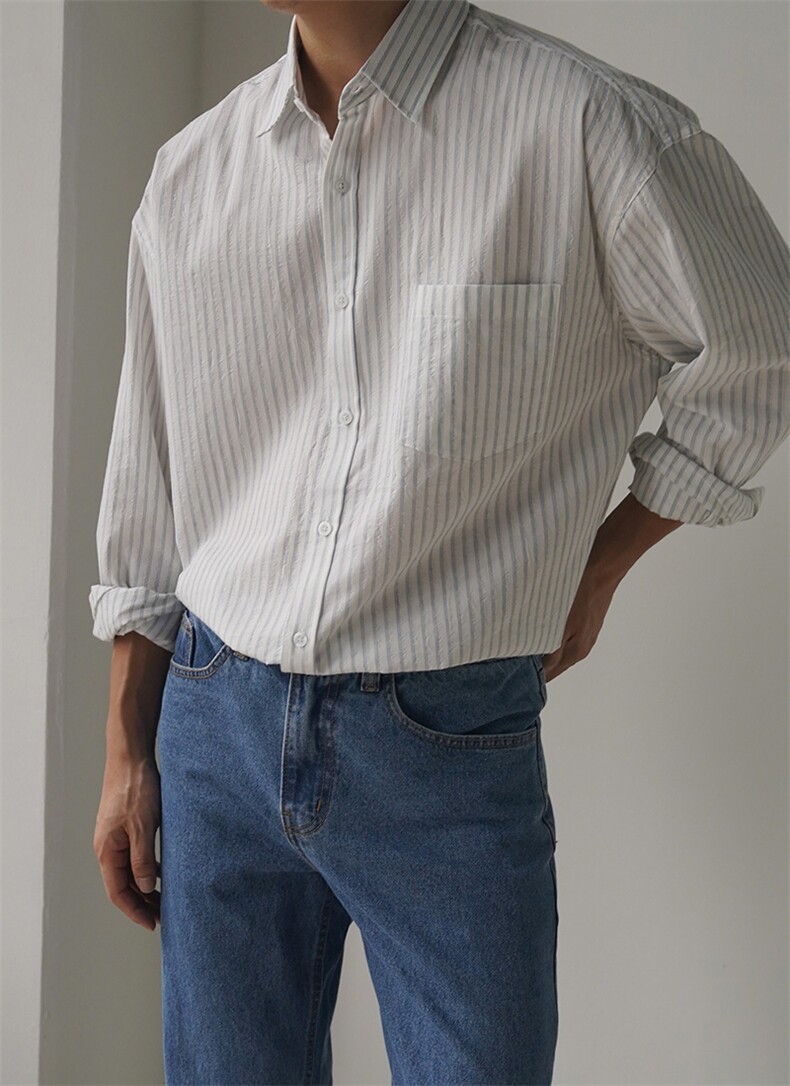 条纹休闲衬衫男秋季宽松长袖衬衣韩版潮流翻领上衣XZ710-803P50,男装衬衫,星座710