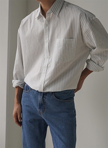 条纹休闲衬衫男秋季宽松长袖衬衣韩版潮流翻领上衣XZ710-803P50图片