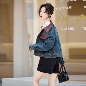 现货秋季新款韩版百搭港风复古牛仔外套女PU皮拼接夹克显瘦上衣图片