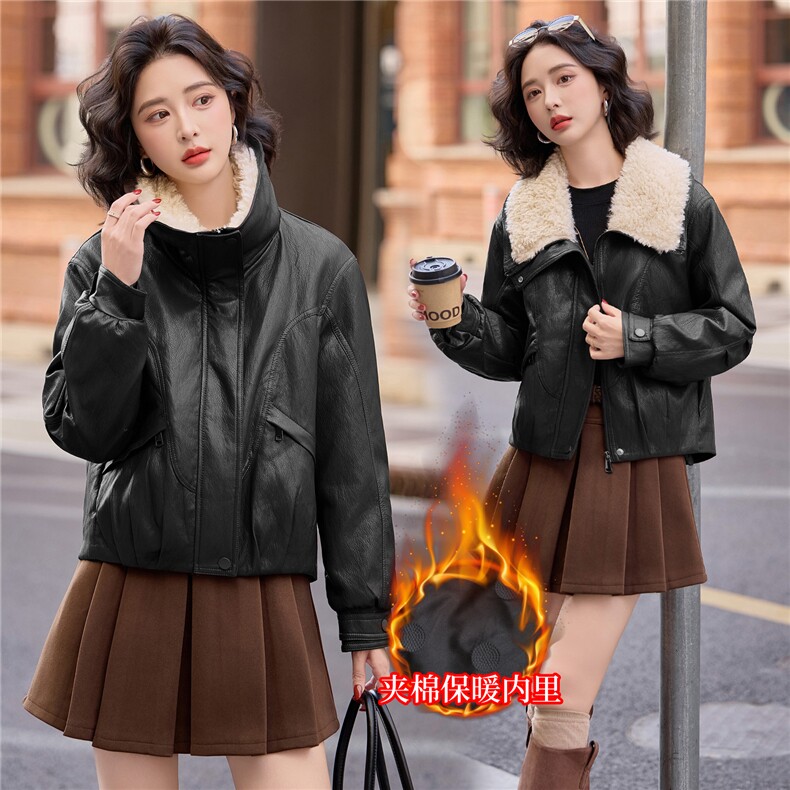 BAO主推大翻领加棉皮衣短外套女冬新款保暖时尚酷飒机车PU皮夹克，女装皮衣，潮流依族