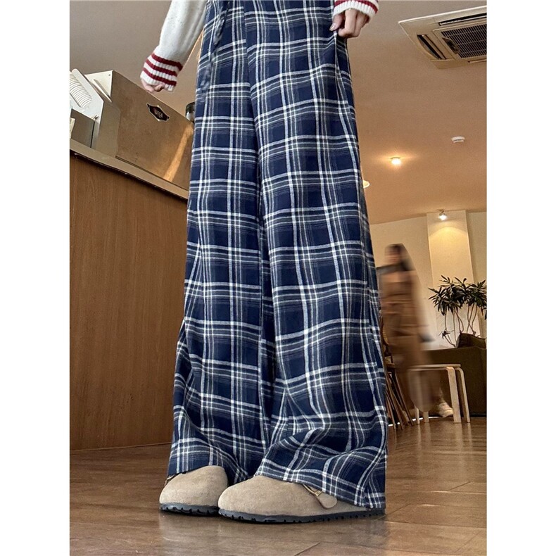 蕾丝花边格子休闲裤女秋季2025新款磨毛设计宽松阔腿裤AK2445p50图片