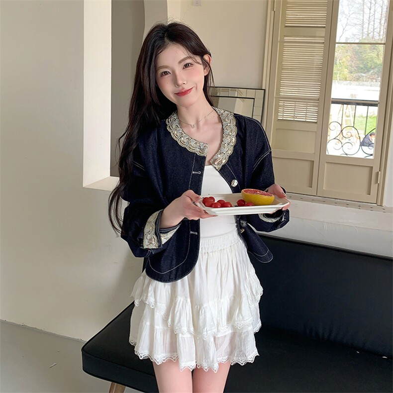 蕾丝拼接小香风牛仔外套女2025春季新款超好看减龄小个子夹克上衣,女装短外套,2C029