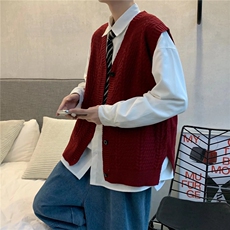 本命红秋款男V领毛衣无袖背心单排扣马甲打底针织衫外套M0121P45，男装背心/马甲，星座1013-1