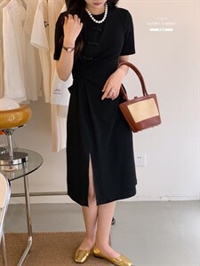 香丽迪2022年夏季新款拼接连衣裙女针织短袖圆领修身高腰图片