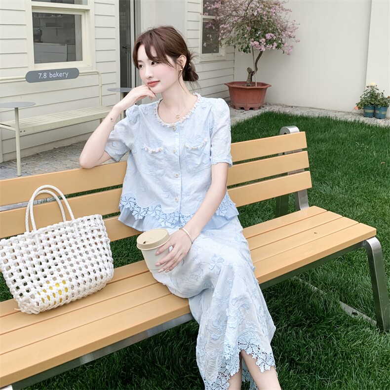 2026夏季新款套装裙女夏季法式温柔风蕾丝提花上衣半身裙两件套,女装套装/套裙,霓裳依族