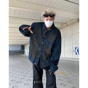 春秋美式牛仔外套男高复古痞帅潮牌做旧废土风休闲宽松翻领夹克潮图片