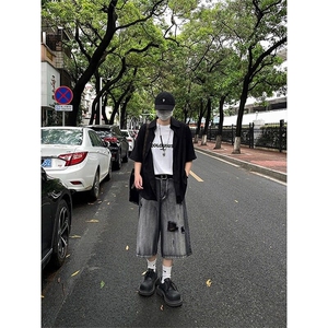网图 痞帅破洞牛仔短裤男夏季美式高街宽松阔腿六七分裤DK261-P42图片