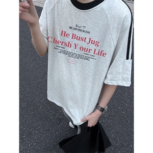 夏季美式高街重磅纯棉三条杠织带撞色男女短袖T恤ZD602-特P30,30岁大叔年轻穿搭图片