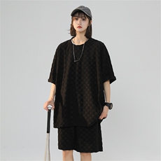 TZ84647/P60夏季新款格子短袖短裤t恤休闲宽松大码两件套套装男，女装运动套装，电商A141