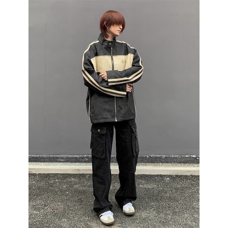 美式机车风复古做旧皮衣外套宽松高级感痞帅撞色立领夹克JK8547,男装夹克,星座516A