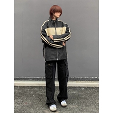 美式机车风复古做旧皮衣外套宽松高级感痞帅撞色立领夹克JK8547，男装夹克，星座516A
