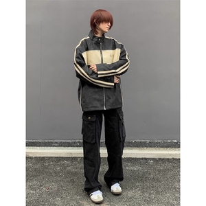 美式机车风复古做旧皮衣外套宽松高级感痞帅撞色立领夹克JK8547图片