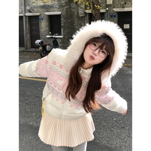 1506-1/G78180/P89美式复古面包服 女冬雪花兔子毛领棉服图片
