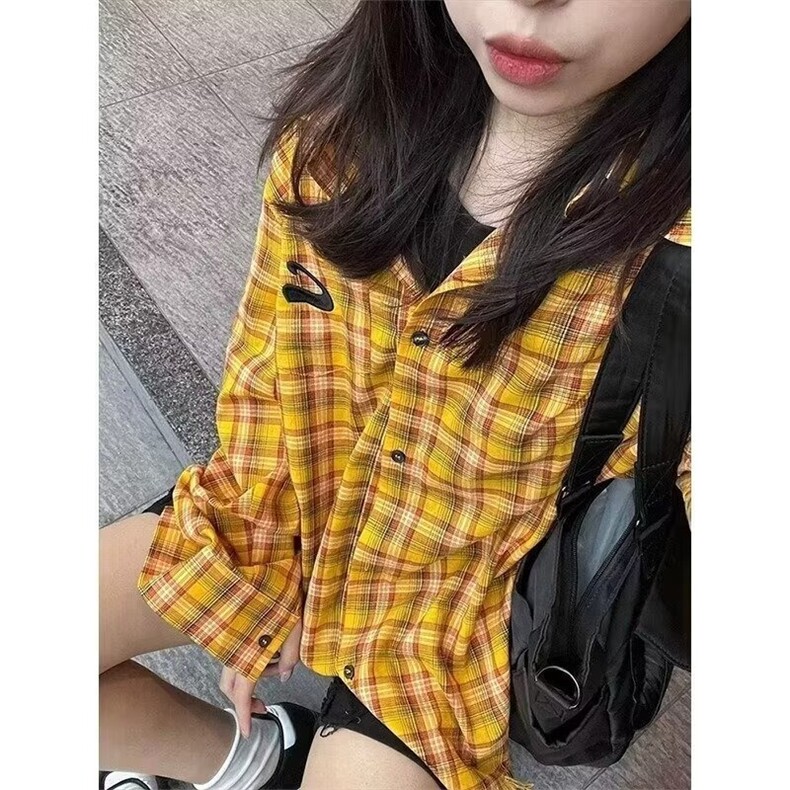 美式多巴胺长袖格子衬衫女薄款秋季衬衣宽松防晒外套秋C09,男装防晒衣,星座1116A（原606A-3）
