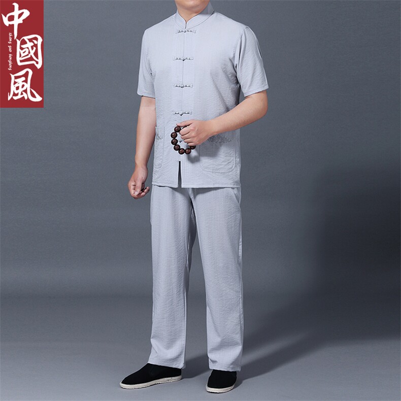 唐装2023夏季新款短袖上衣中山装风扣两件套男士宽松古风男装,男装民族服装,电商B212（原钱塘6029）