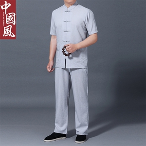 唐装2023夏季新款短袖上衣中山装风扣两件套男士宽松古风男装图片