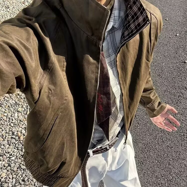 假两件复古翻领夹克男春秋高级感美式潮牌痞帅外套休闲宽松棒球服,男装夹克,星座410-7