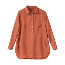 2021年秋季中长款亚麻衬衫女POLO领套头上衣衬衣拼接撞色透气衬衫，女装衬衫，伊满意