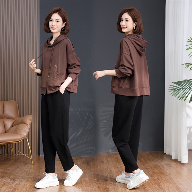 现货2023秋装新款小众设计复古休闲宽松连帽套装两件套，女装套装/套裙，深水步