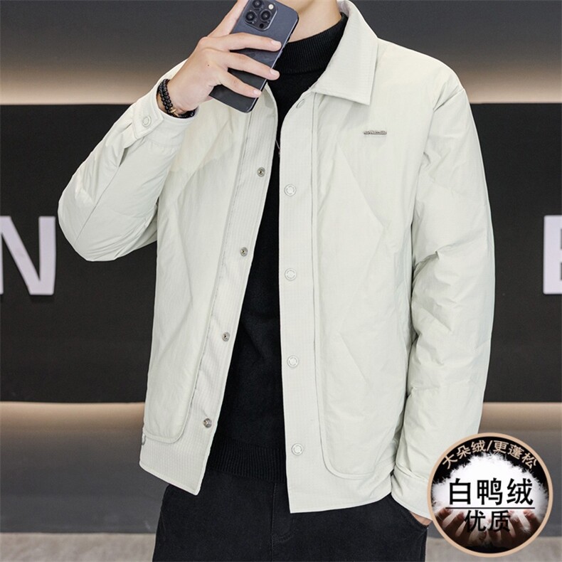 白色翻领轻薄羽绒服男冬季新款拼接设计高级感假两件保暖夹克外套,男装夹克,星座914