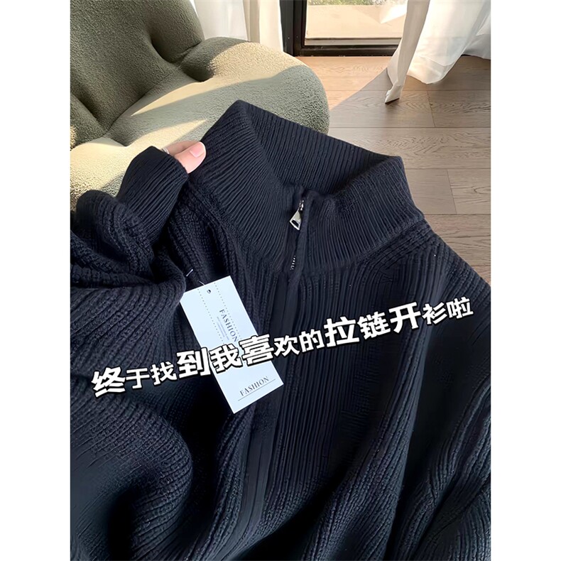 重磅秋冬北极绒双拉链毛衣开衫美式复古休闲慵懒风宽松针织衫外套,男装针织衫/毛衣,电商A486-1