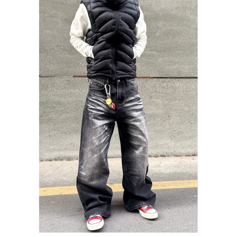 复古猫须纹水洗弯刀牛仔裤男款直筒美式微喇cleanfit裤子拖地宽松,男装牛仔裤,星座506A