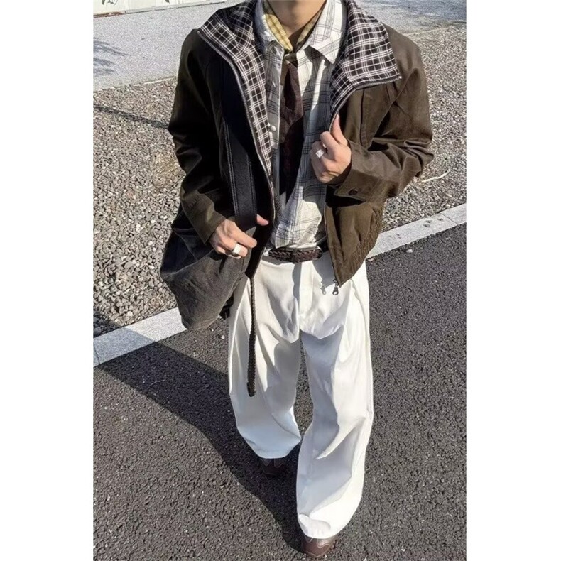 格纹拼接夹克外套女秋季美式复古宽松百搭男立领上衣潮JK0759-P65,男装夹克,星座308B-2