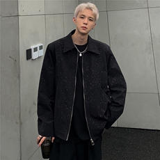黑色满天星外套男款高级感短款美式飞行员夹克cleanfit翻领棒球服，男装夹克，电商C307