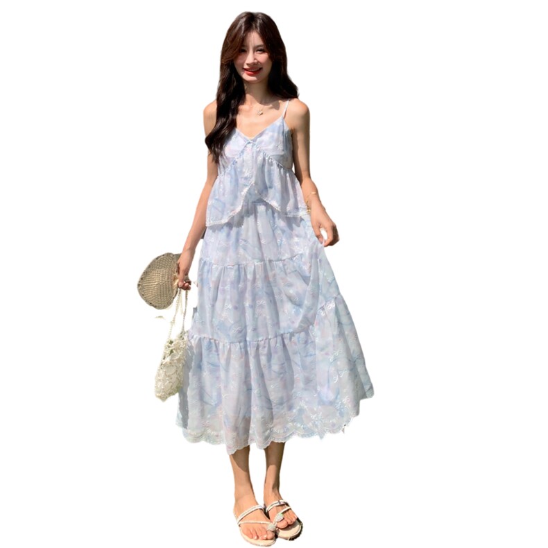 甜美碎花雪纺吊带连衣裙女夏季2025新款韩版拼接设计感时尚长裙子,女装连衣裙,2C087