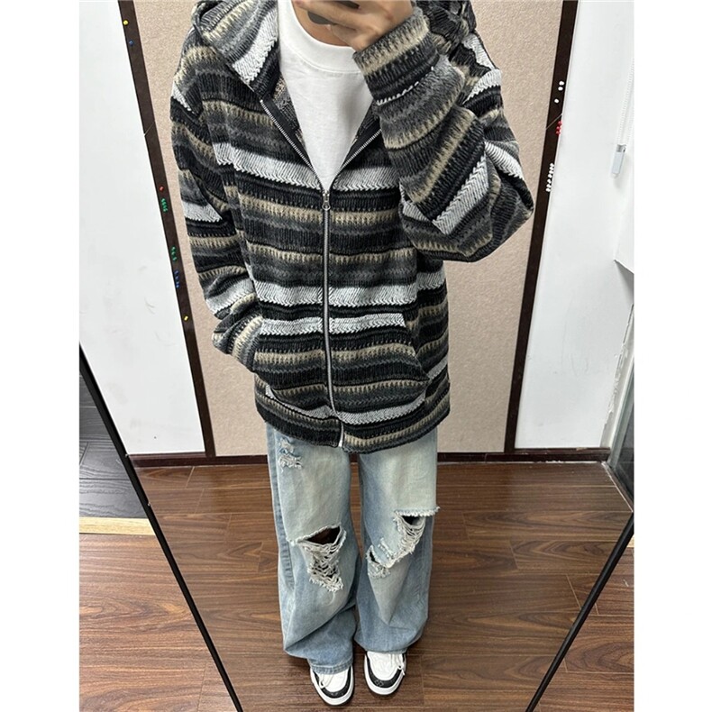 秋冬开衫连帽拉链卫衣外套男女秋季2025新款重磅条纹上衣潮,女装短外套,星座506A
