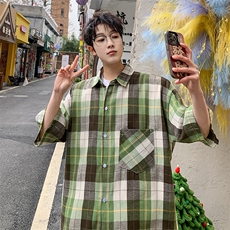短袖衬衫男夏季新款磨毛格子衬衣DX003-特批26无差价，男装衬衫，星座214-3