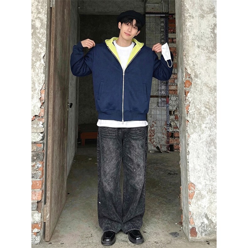 双拉链头重磅420克卫衣撞色连帽开衫美式情侣外套WY5816P52，女装短外套，电商A178