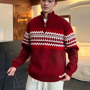 复古半拉链高领毛衣男女费尔岛提花宽松慵懒套头针织上衣MA1018图片