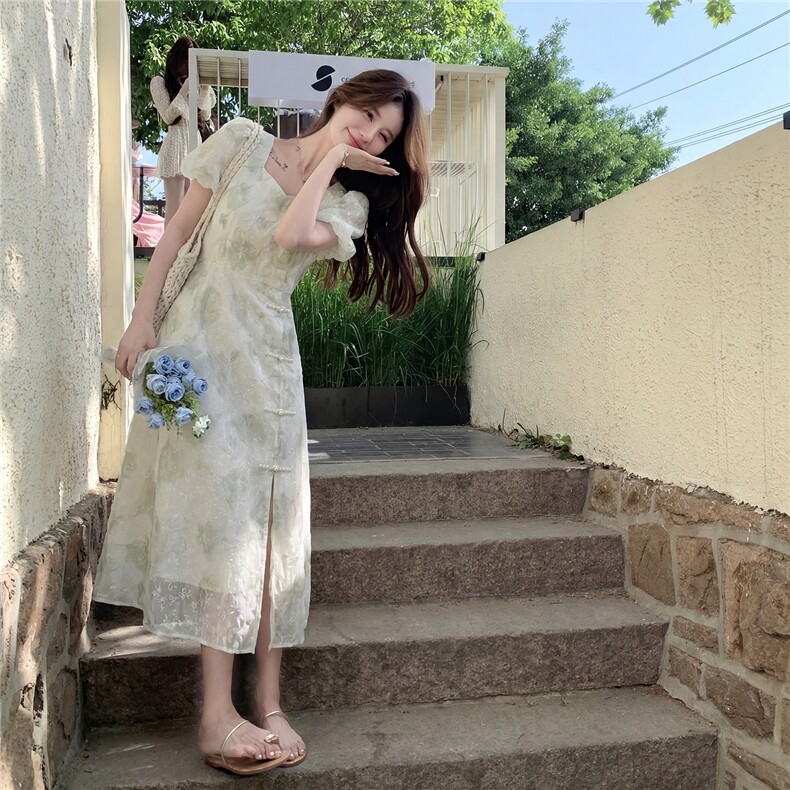 新中式给g风盘扣印花收腰连衣裙,女装连衣裙,采品优优