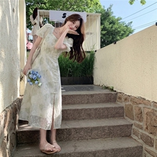 新中式给g风盘扣印花收腰连衣裙，女装连衣裙，采品优优