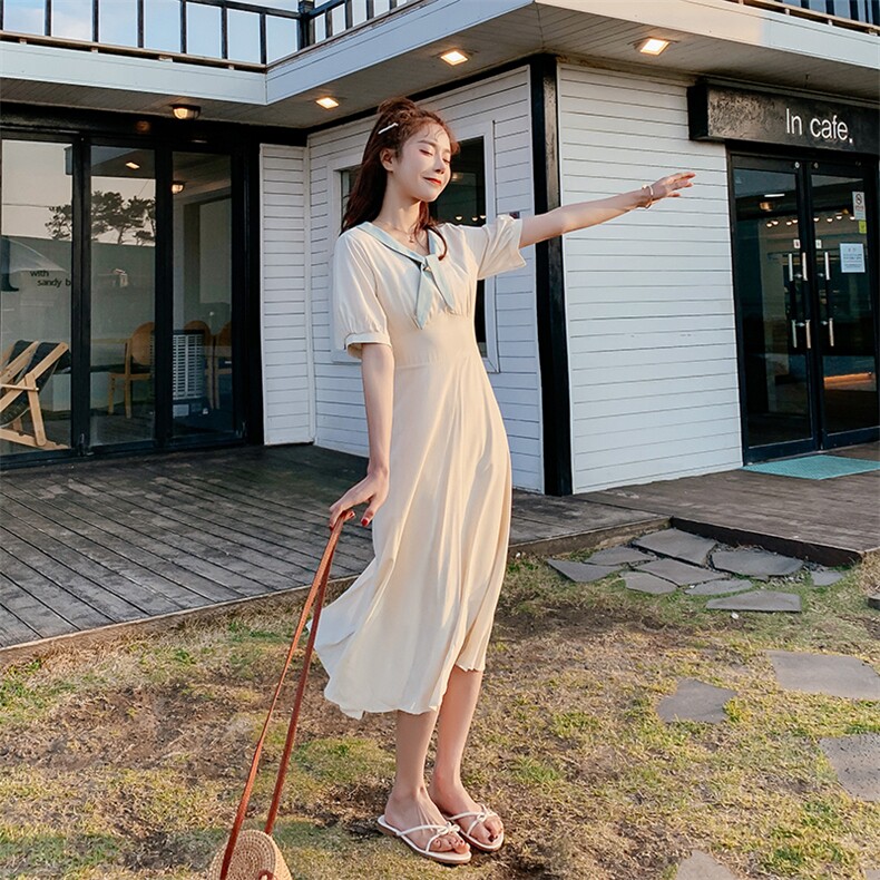 中长款纯色小清新连衣裙2021夏季新款休闲时尚舒适,女装连衣裙,艾艾淮淮