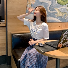 系带格子裙T桖套装2021年夏季时尚潮流舒适，女装套装/套裙，卡莱