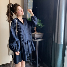 文艺风藏蓝色长袖连衣裙女夏2025超好看减龄独特漂亮松弛感小短裙，女装连衣裙，2C016