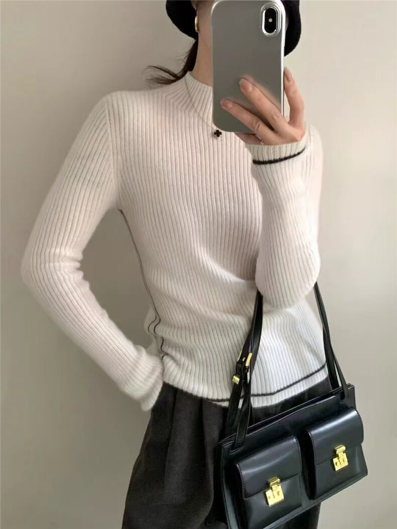半高领山羊绒衫女修身显瘦内搭毛衣套头短款紧身羊毛针织打底衫,女装羊毛衫,半城羊绒