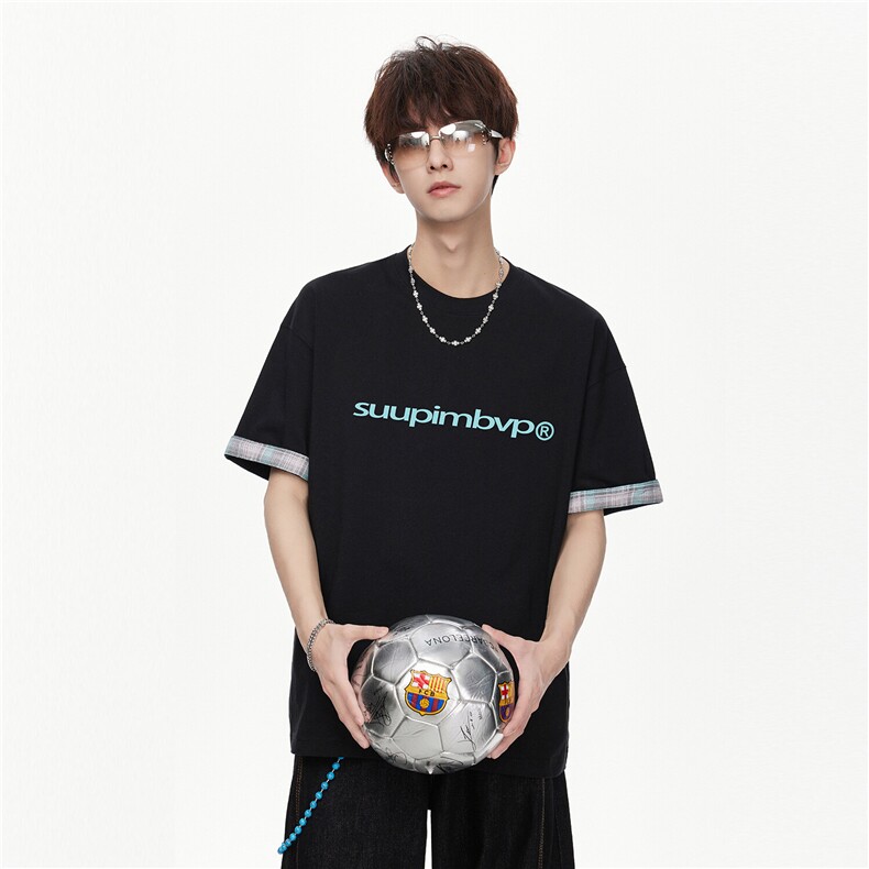 不侵权TX188-P42控68方图格纹拼接纯棉短袖t恤男潮牌半袖,男装T恤,星座403（原603-1）