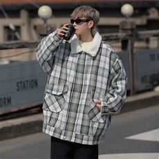 冬季美式复古羊羔毛棉服男2024新款小香风格子棉衣外套W7964-P85，男装棉衣，星座512-4