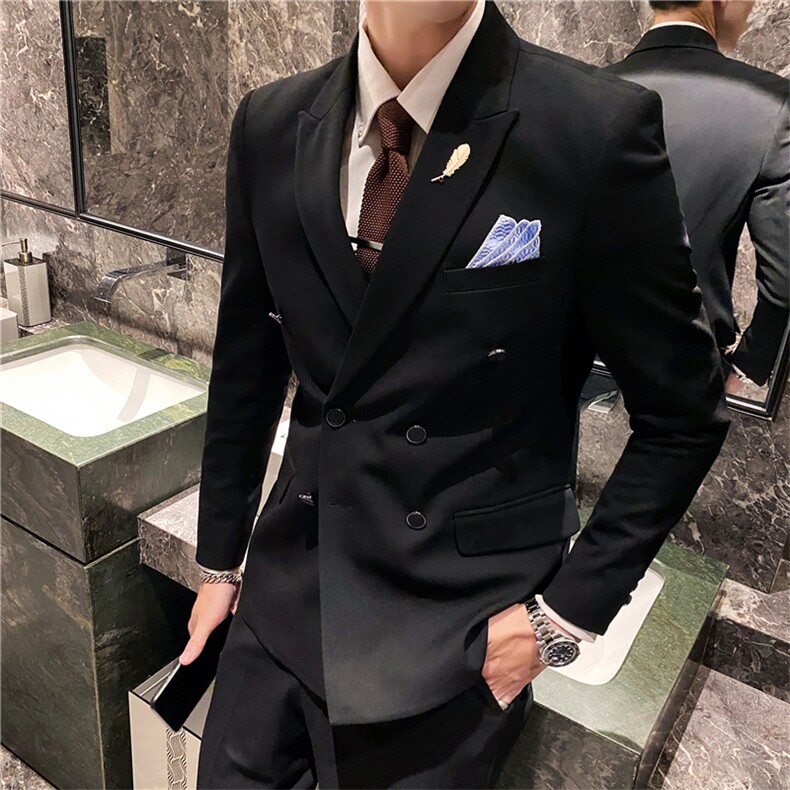 休闲西服套装男士三件套韩版修身新郎结婚礼服潮英伦双排扣小西装,男装西服套装,星座505-2（原电商A260-1)