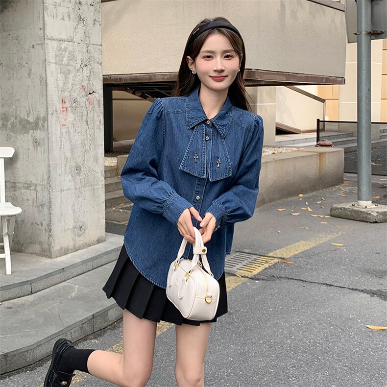 现货优雅气质宽松休闲衬衫蝴蝶结牛仔衬衣短外套，女装衬衫，心心服饰