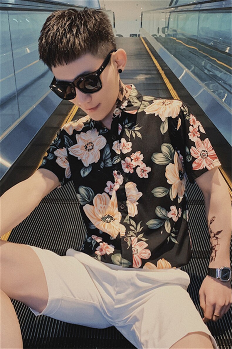 夏季韩版修身旅游花衬衫社会小伙网红短袖衬衣潮男C301B-CS25,男装衬衫,电商C301B