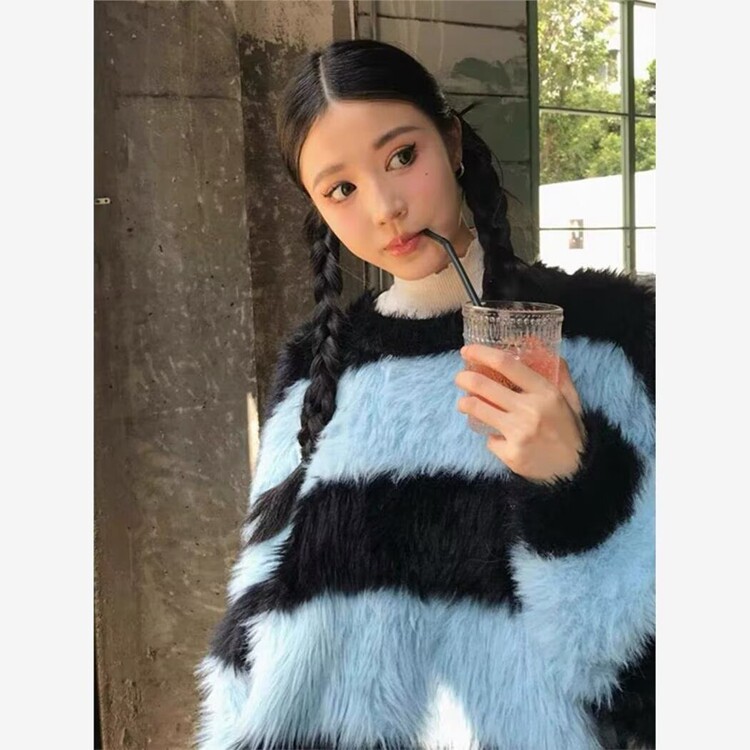 日系条纹撞色慵懒风毛绒针织衫女秋冬氛围感百搭毛衣复古街头外套,男装针织衫/毛衣,星座218-8