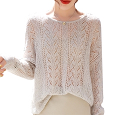 温暖而慵懒舒适百搭丝绒镂空圆领长袖，女装蕾丝衫/雪纺衫，暮绒羊羊绒