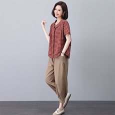 纯棉短袖衬衫女2025夏季新款中年妈妈装格子休闲宽松翻领洋气上衣，女装套装/套裙，忆绮罗